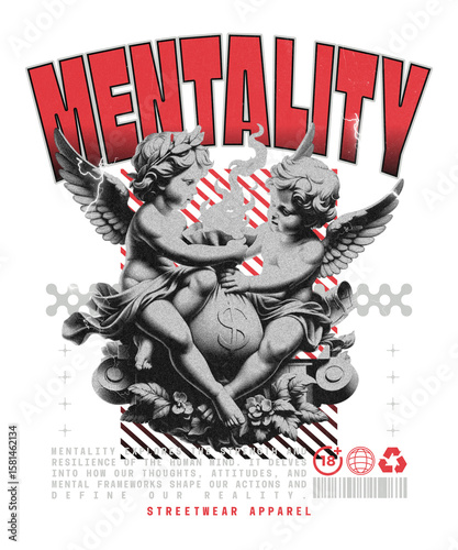 Mental Impression: A digital graphic tee design. It features an aesthetic composition of angel, graphic and text to form the word MENTALITY that is thought-provoking and visually striking.
