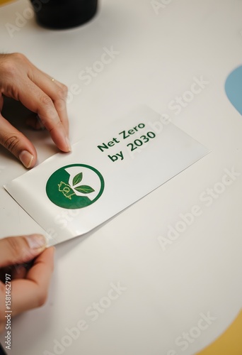 Hands Holding Eco-Friendly Sticker Promoting Net Zero Goals by 2030