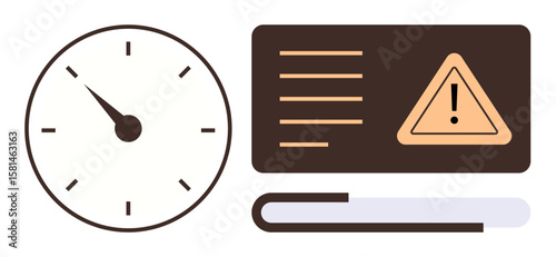 Clock with minute hand pointing, clipboard with text lines, and warning triangle. Ideal for deadlines, time management, alerts, productivity, efficiency reminders urgency. Simple flat metaphor