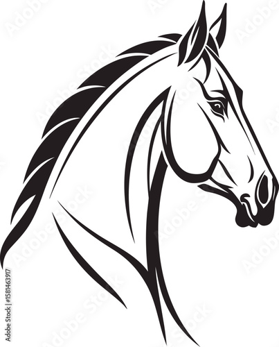Elegant horse head profile stylized black and white illustration vector