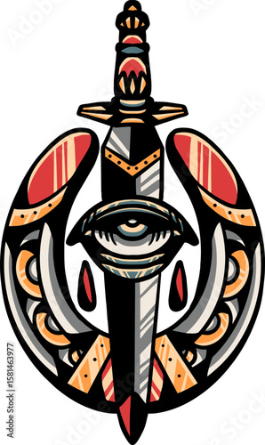 Symbol of Vigilance: A meticulously illustrated image showcases a symbolic composition featuring an eye, a sword, and a horseshoe. The eye of providence is positioned centrally.