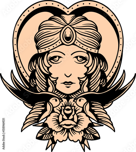 Mystical Embrace: A stylized artwork unveils a portrait of a woman framed within a heart, adorned with ornate headwear and floral elements. An enchanting illustration, evoking themes of beauty, love.