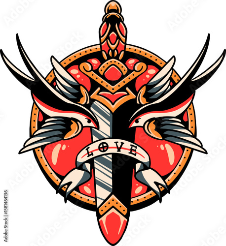 Eternal Oath: A striking tattoo design features a ceremonial dagger intertwined with symbols of affection, complemented by elegant swallows.