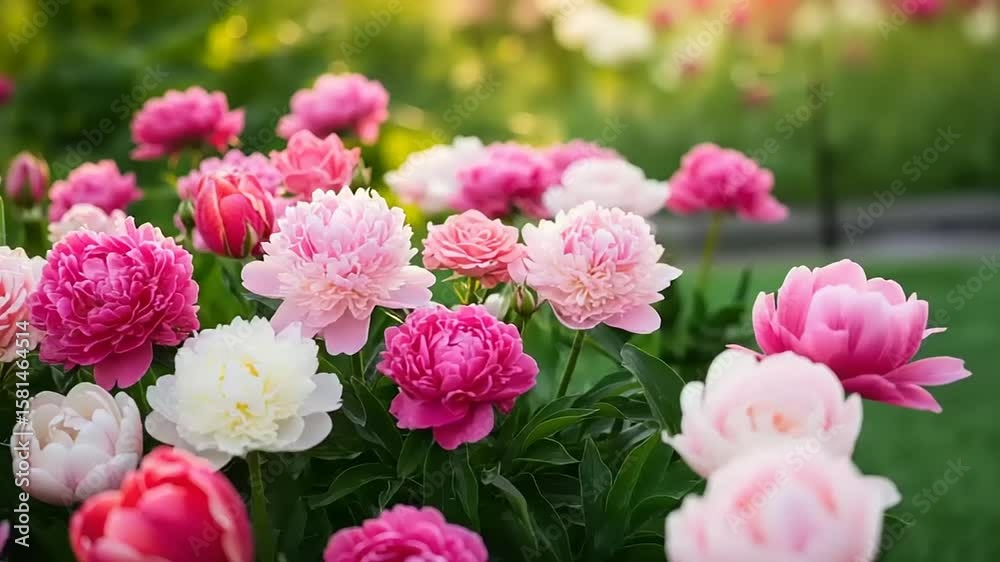 Colorful peonies and tulips in a garden bed Colorful peonies and tulips in a garden bed