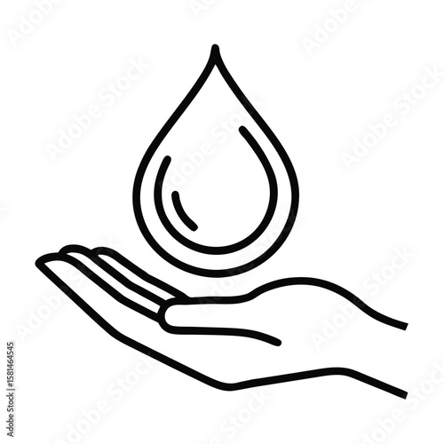 Simple black line art silhouette of an open hand cupping a large water droplet