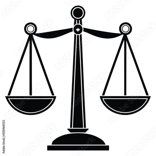 A black silhouette of a classic balance scale with two pans suspended from a central pillar on a white background