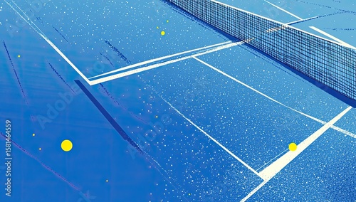 Close-up view of a tennis court.  A vibrant blue court, with white lines and a net.  Abstract,  artistic representation.  Small yellow specks scattered