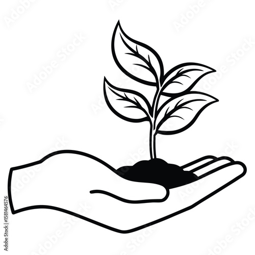 A simple black line drawing silhouette of a hand holding soil with a young plant growing from it symbolizing growth and care