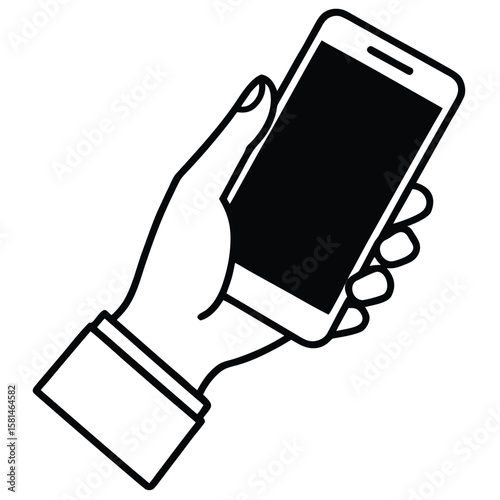 Close up of a hand holding a smartphone with a black screen in a minimalist outline style silhouette