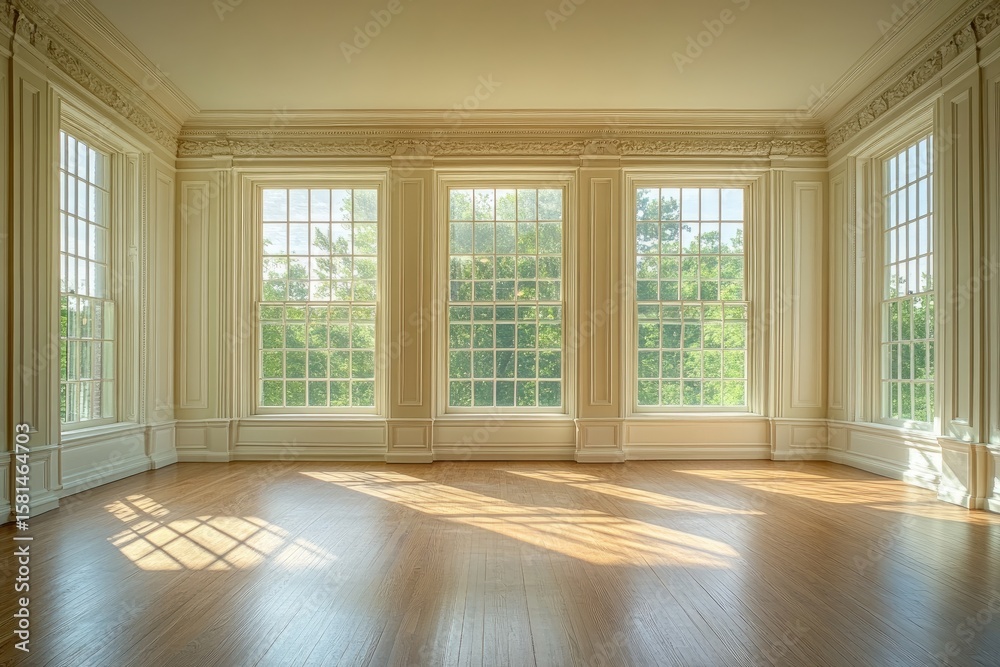 Obraz premium Sun-drenched, empty room with large windows
