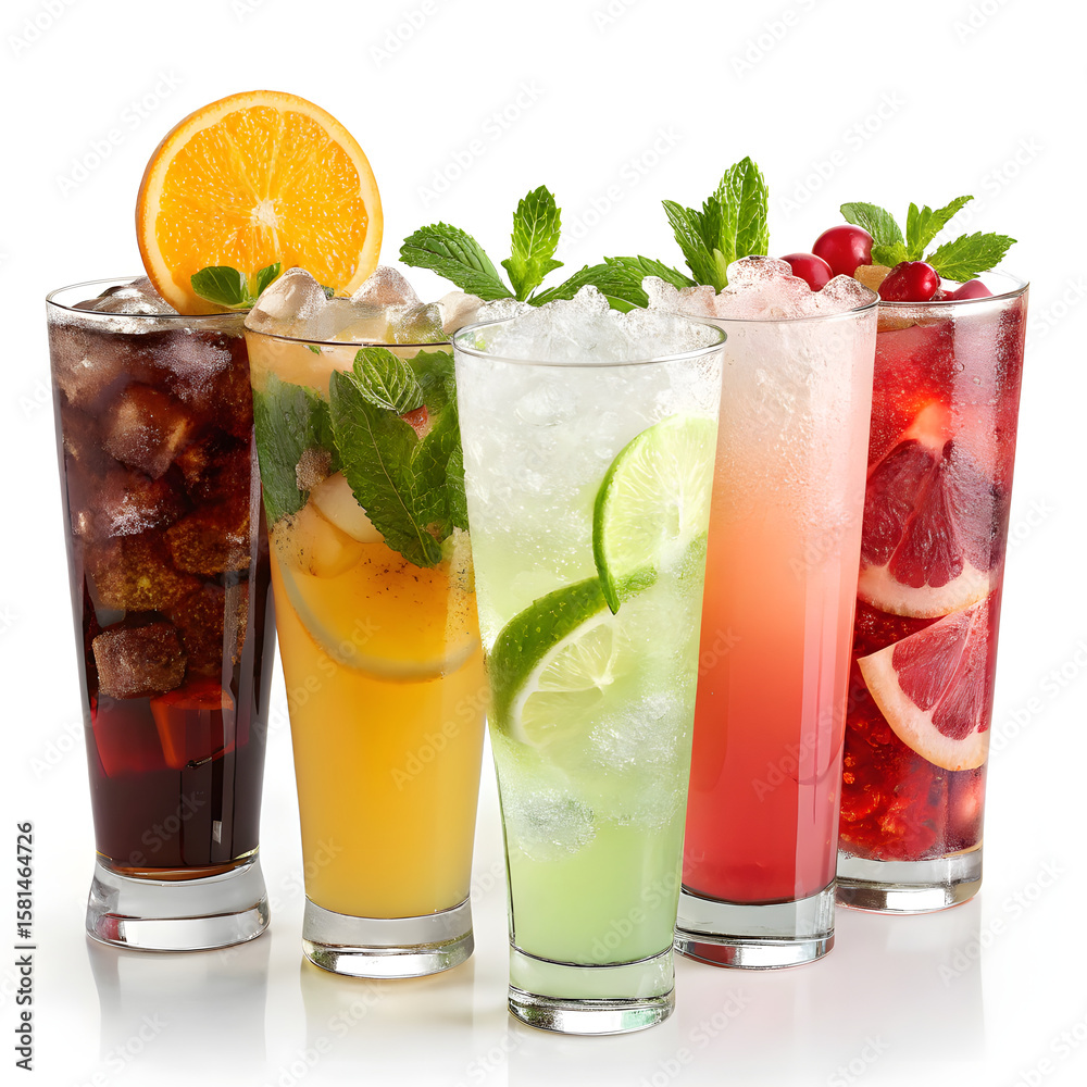 Colorful Refreshing Cocktails with Garnishes on an Elegant White Background Colorful Refreshing Cocktails with Garnishes on an Elegant White Background