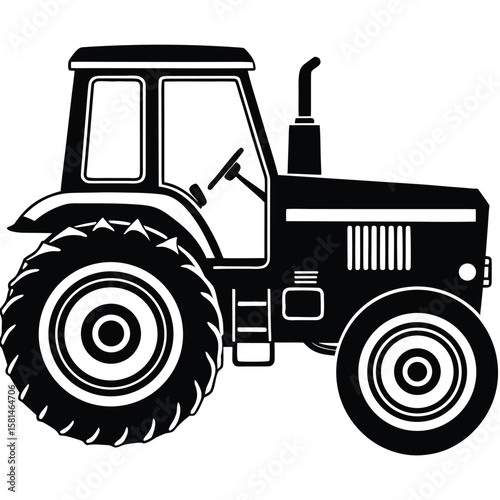 Classic agricultural tractor with large rear wheels and cabin in a bold black silhouette