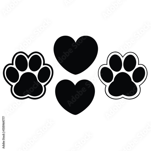 Two black paw print silhouettes flanking two solid black heart shapes on a white background