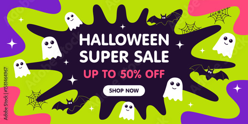 Halloween Promotion sale banner design. Halloween spooky night sale. Halloween Sale poster template with ghost. Halloween Sale concept. Halloween promotion poster. Halloween discount background