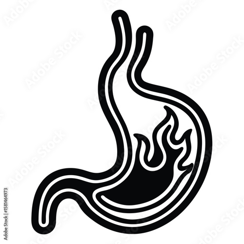 Stylized black and white stomach organ silhouette with internal flames representing indigestion or heartburn