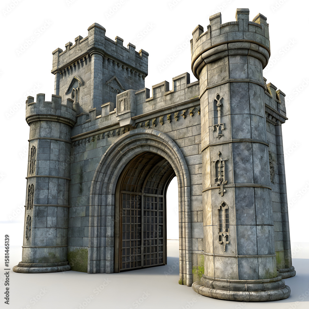 Fototapeta premium Medieval Stone Gateway Structure With Towers and Intricate Architectural Details