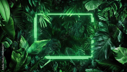 Bright green neon frame in a lush jungle backdrop