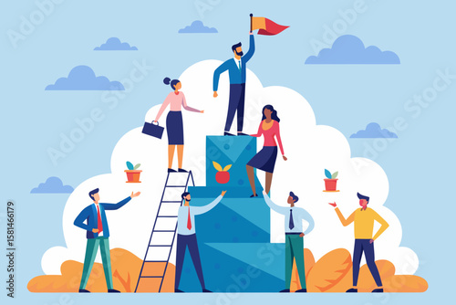 A collaborative climb to success showcases team members reaching the summit and planting a flag, ideal for illustrating achievement and growth.