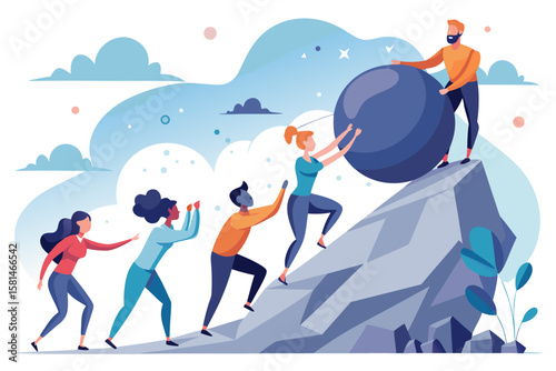 Teamwork graphic depicts a group collaborating to overcome a challenging project, rolling a heavy ball uphill with a mountain backdrop.