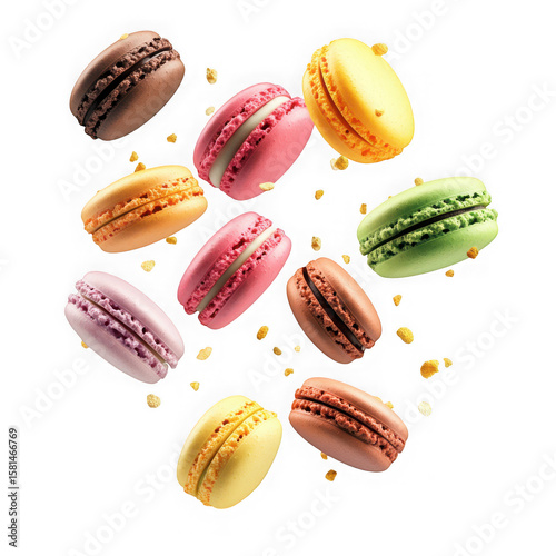 Various colorful of macarons floating on the air isolated on white and transparent background