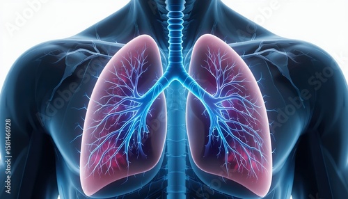 Human lungs anatomy with glowing neural connections, highlighting respiratory system and bronchial network. Futuristic medical concept. High-resolution 3D illustration