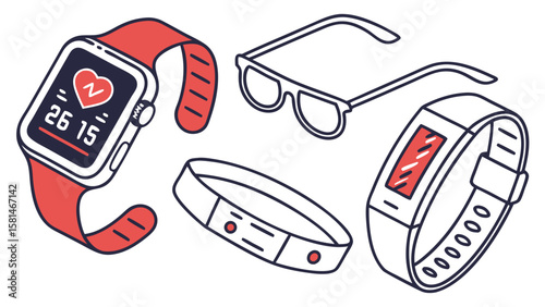 Collection of modern wearable technology devices including a smartwatch fitness tracker and glasses