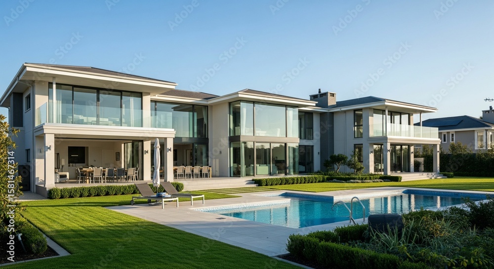 modern house with a swimming pool and lawn modern house with a swimming pool and lawn