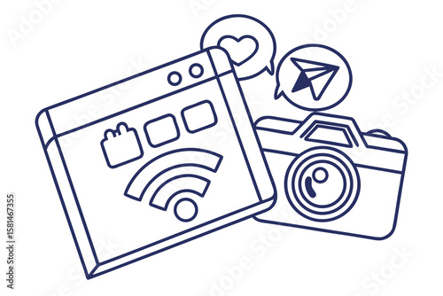Digital media and communication icons including a website camera and social media symbols