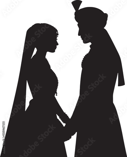 Bride and groom in traditional attire holding hands silhouette wedding