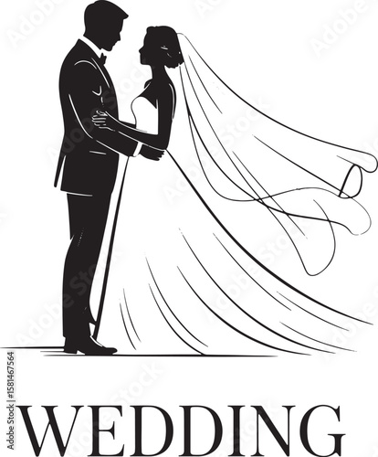 Bride and groom silhouette embracing under veil wedding couple