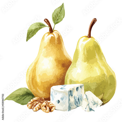 Two pears and a wedge of blue cheese