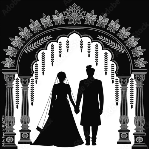 Bride and groom under decorative archway wedding couple