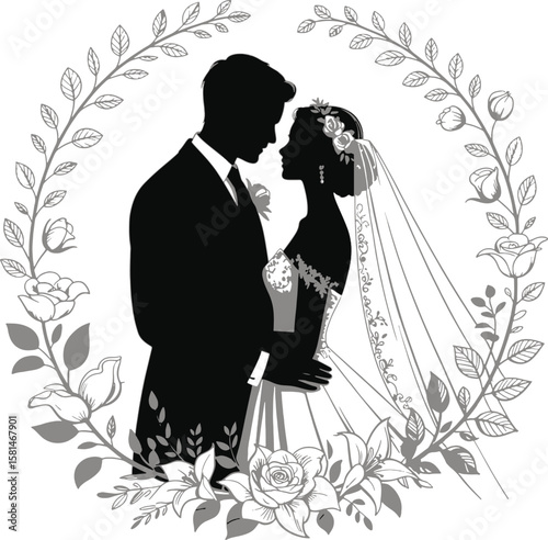 Bride groom embracing floral wreath silhouette wedding couple embrace