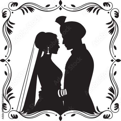Couple embracing within ornate floral border silhouette wedding