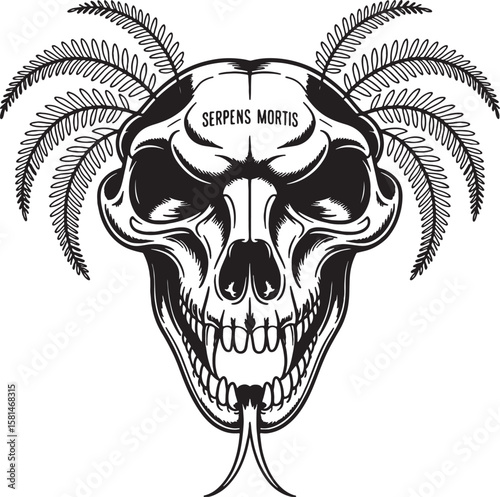 Fierce skull with fern fronds and serpent tongue black and white