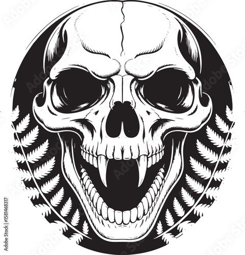 Fierce skull with fangs and fern fronds teeth open mouth