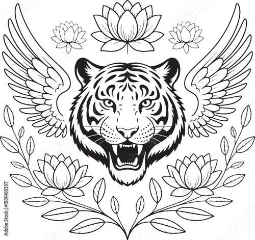 Fierce tiger head with wings and lotus flowers lion animal