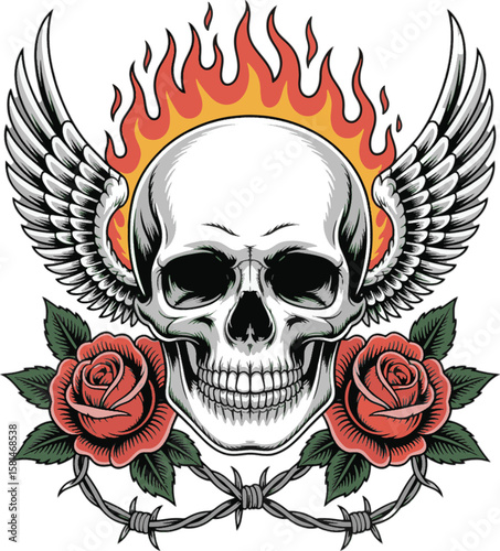 Flaming skull with wings roses and barbed wire flames
