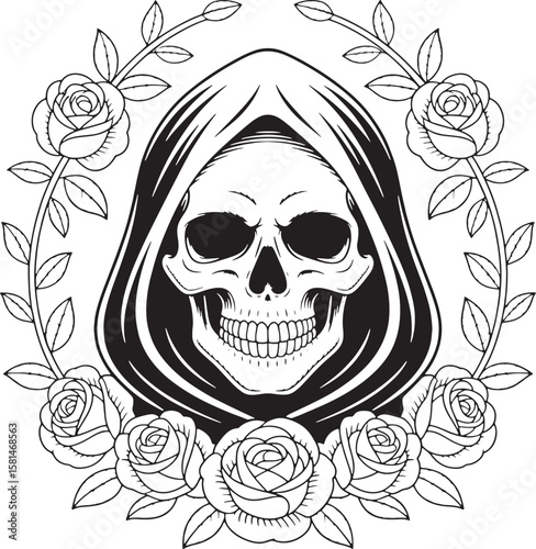 Grim reaper skull with roses and leaves black and white