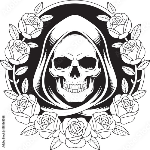 Grim reaper skull surrounded by roses flowers leaves