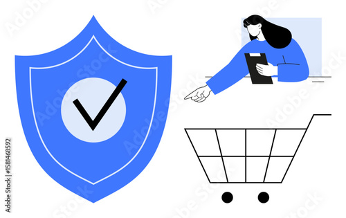 Blue shield with checkmark, customer pointing to shopping cart while holding device. Ideal for security, e-commerce, online purchase, trust, safety, business strategy, simple landing page