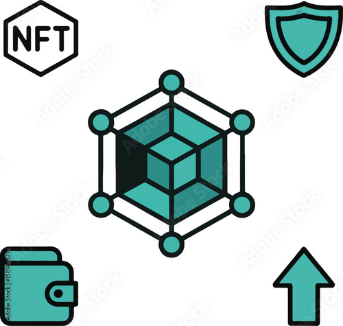 Hexagonal network structure shield wallet and upward arrow icons blockchain technology