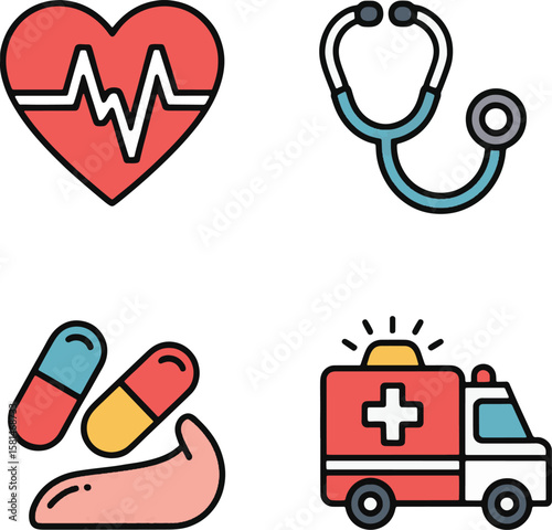 Heartbeat stethoscope pills ambulance medical icons cardiogram pulse