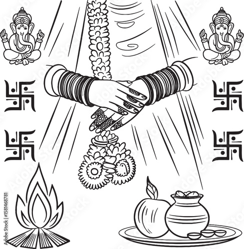 Indian wedding ceremony symbols with Ganesha and fire swastika