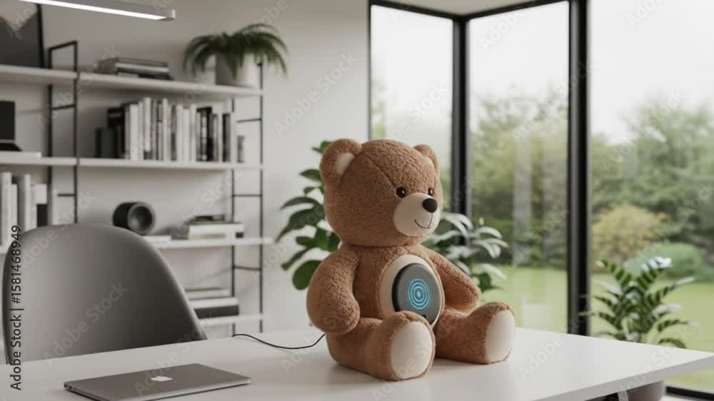 Smart teddy bear wireless charger on modern office desk with natural light