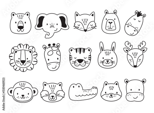 Cute wild animal faces in black and white outline drawings, vector illustration. The set comes with 15 jungle animal faces, including a tiger, lion, elephant, fox, bear, capybara, giraffe, zebra.