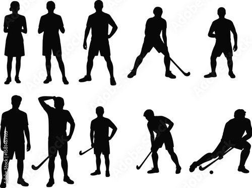 A collection of field hockey player silhouettes. Vector set of male and female athletes with sticks and ball in various action and resting poses.
