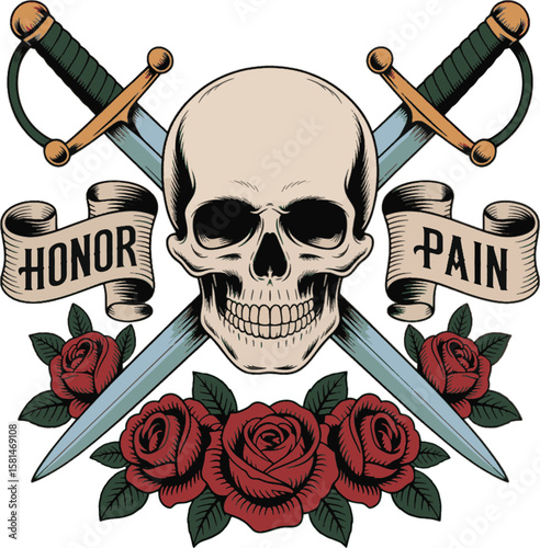Skull crossed swords red roses honor pain banners vector