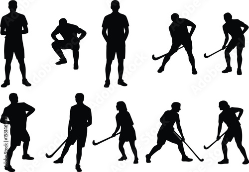 A collection of field hockey player silhouettes. Vector set of male and female athletes in various action poses with sticks. Sports people icons.
