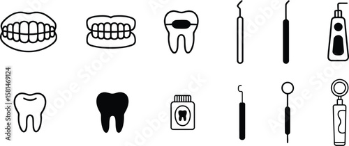 Dental care and oral hygiene icon set. A collection of vector illustrations including teeth, dentures, toothpaste, floss, and professional dentist tools.
